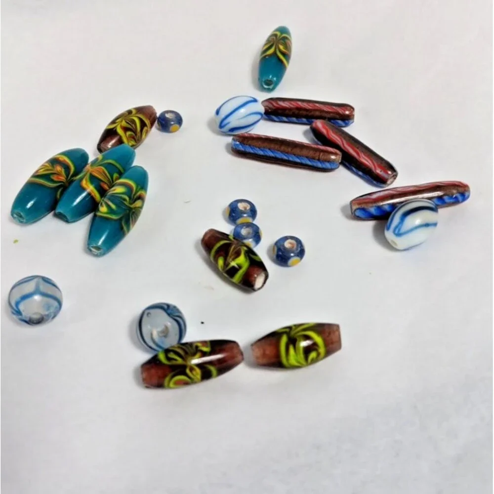 20 Glass Lampwork Beads Lot Mixed Swirls Blue White Red Wide Hole Used Vintage
